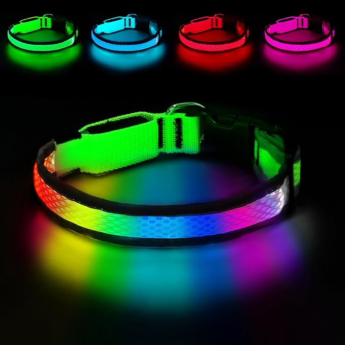 LED Dog Collar, Light Up Dog Collar USB Rechargeable, Nylon Adjustable Comfortable Soft Bright RGB 7 Colors Changing Safety Light Glowing Collar for Medium and Large Dogs(Medium,Green)