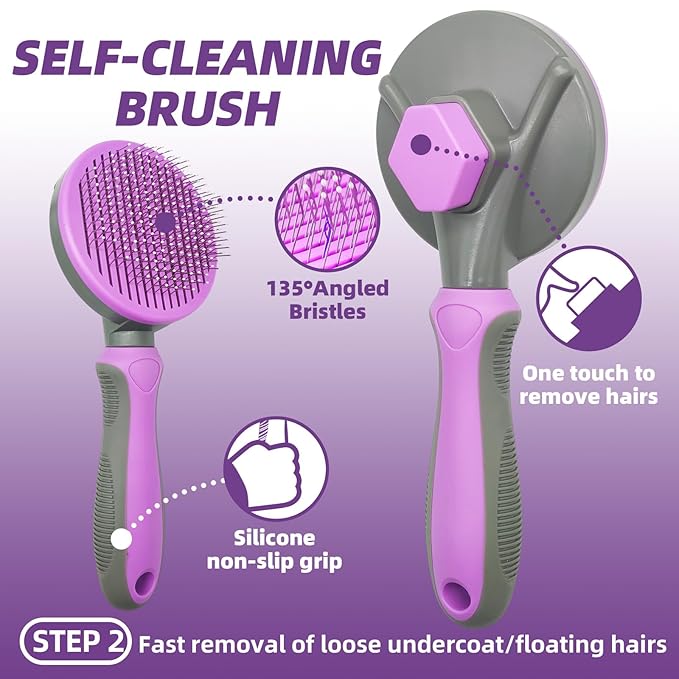 KUEIOX Dog Brush for Shedding, 7 PCS Dog Grooming Brush Kit Including Undercoat Rake, Slicker Brush, Dematting Comb, Nail Clipper, Bath Brush for Long & Short Haired Dogs, Cats - Purple