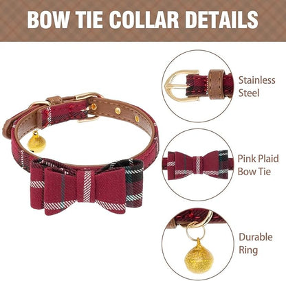 KOOLTAIL Small Dog Collar and Leash Set with Bowtie and Bells - Cute Puppy Bandana Collar and Leash for Female with Classic Plaid Pattern,Soft Leather Tangle Free Leashes for Small Dogs Boys Girls,Red