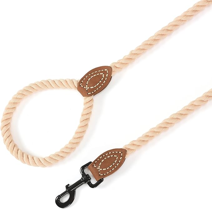 Mile High Life Dog Leash | Braided Cotton Rope Dog Leashes with Leather Tailor Tip | 5 Feet Dog Leash w Heavy Duty Metal Clasp | Wedding Dog Leash (Light Brown, 60 Inches)