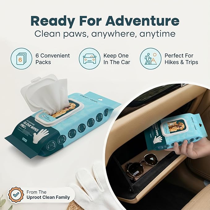 Uproot QuickClean Gloves Pro: Extra-Thick Pet Glove Wipes for Dogs & Cats - Easy Wipe Paws, Eyes, Ears, Butt, & Body - Lick-Safe for Cats & Dogs - Cleaning, Deodorizing & Grooming (20 Pack)