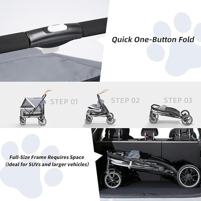 EchoSmile Dog Stroller for Large Dogs, 135lbs Weight Extra Large Pet Stroller, 4 Wheels Cats & Dogs Carrier with Brakes, Breathable Mesh Windows & Pocket, Gray