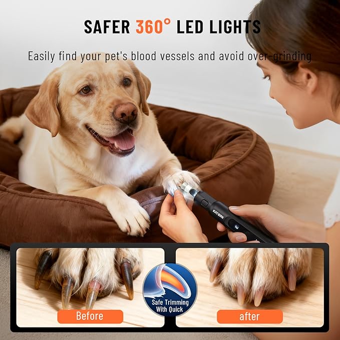 Katerk Pet Dog Nail Grinder - 5 Speed Quiet Electric Dog Nail Trimmer with 360°LED Light, 2500mAh Rechargeable, 32PCS Cordless Rotary Tool for Small Medium Large Dogs & DIY Sanding, Carving (Black)