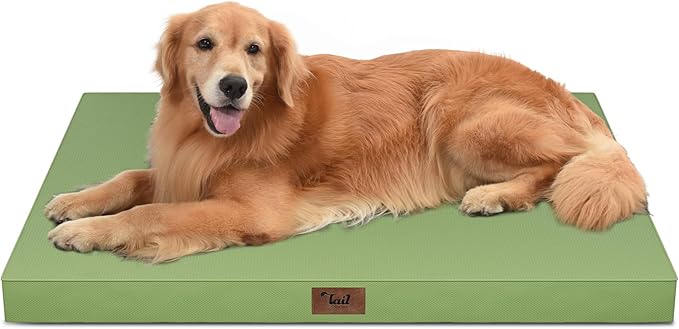 Tail Stories Outdoor Orthopedic Dog Bed for Extra Large Dogs, XL Waterproof Flat Pet Bed 44x32 Inch, Egg Crate Foam with Removable Washable Oxford Cooling Cover, Light Green