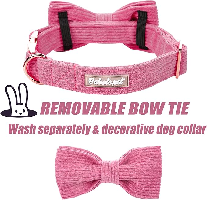 Hot Pink Dog Collars for Medium Dog,Cute Corduroy Dog Collar with Bow Tie Safety Metal Buckle Adjustable Puppy Collars for Small Medium Large Boy&Girl Dogs