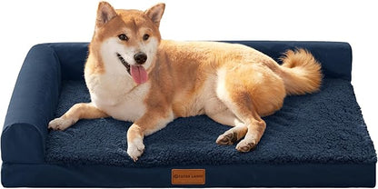 Patas Lague Orthopedic Dog Bed Medium Size Dog 30''X20'', Waterproof L Bolster Medium Pet Sofa Beds with Removable Washable Cover, Soft Comfortable Pet Couch Crate Mat with Nonskid Bottom, Navy Blue