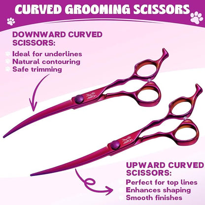 JASON Dog Grooming Scissors Set - Professional 6 in 1 Dog Shears Set - 7" Chunker, 7" Straight, 7" Up-Curved, 7" Down-curved Scissors and Comb for Cat Pet with Adjustable Screw Christmas Gift