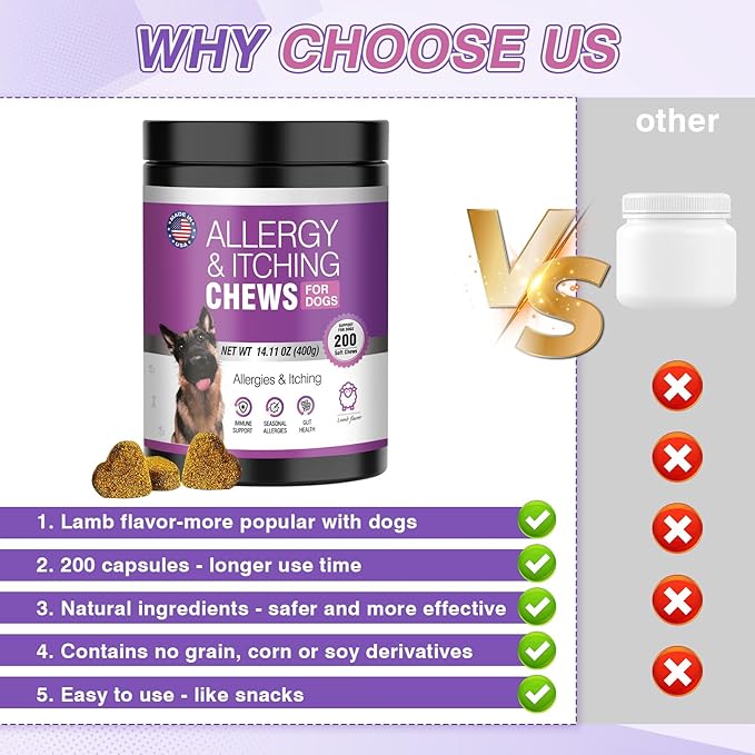 Dog Allergy Chews 200ct - Dog Allergy and Itching Skin Relief Anti Itch Aller Immune Bites for Dogs licking Paws Treatment Relief Itchy Chew Probiotics Vitamins for Skin and Coat Allergies - Lamb