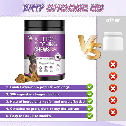 Dog Allergy Chews 200ct - Dog Allergy and Itching Skin Relief Anti Itch Aller Immune Bites for Dogs licking Paws Treatment Relief Itchy Chew Probiotics Vitamins for Skin and Coat Allergies - Lamb
