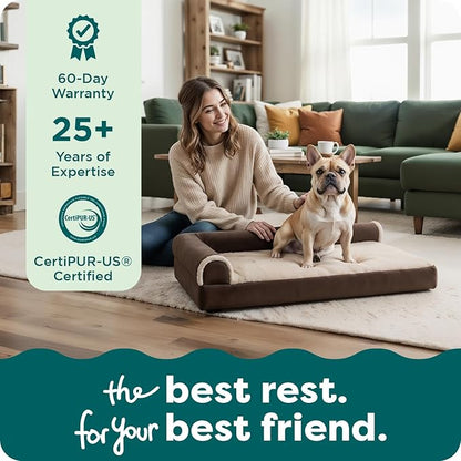 Furhaven Orthopedic Dog Bed for Medium/Small Dogs w/ Removable Bolsters & Washable Cover, For Dogs Up to 35 lbs - Two-Tone Plush Faux Fur & Suede L Shaped Chaise - Espresso, Medium,30"L x 20"W x 6"Th