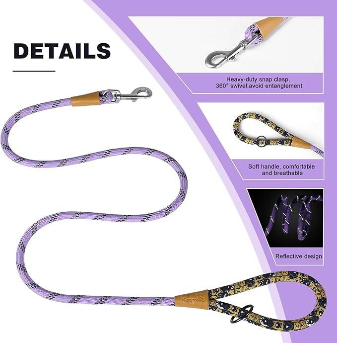 lynxking Rope Dog Leash 6 FT with Comfortable Padded Handle, Highly Reflective Threads Leash for Small Medium Large Dogs (Light Purple, 2PCS Large 1/2in x 6ft-Rope Clasp)