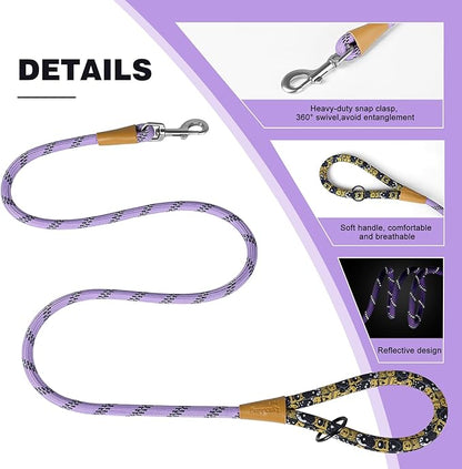 lynxking Rope Dog Leash 6 FT with Comfortable Padded Handle, Highly Reflective Threads Leash for Small Medium Large Dogs (Light Purple, Large 1/2in x 6ft-Rope Clasp)