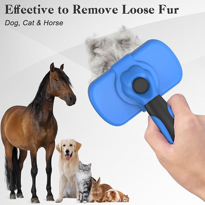 Dipoo Self-Cleaning Brush for Pet Deshedding - Skin-Friendly Grooming Tool for Dogs and Cats, Blue
