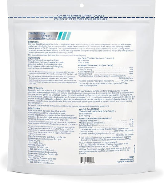 Virbac C.E.T. Enzymatic Oral Hygiene Chews for Large Dogs - Plaque & Tartar Control - Single Layer Beefhide with Exclusive Dual-Enzyme System & Tasty Chicken Flavor - Easy to Give Dog Dental Chew