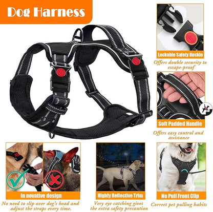 LOBEVE No Pull Dog Harness, Collar & Leash Set | Includes Dog Seat Belt, Collapsible Bowls & Poop Bag Dispenser. Ideal for Training, Walking, Hiking. Fits Small to Large Dogs(Black-XL)