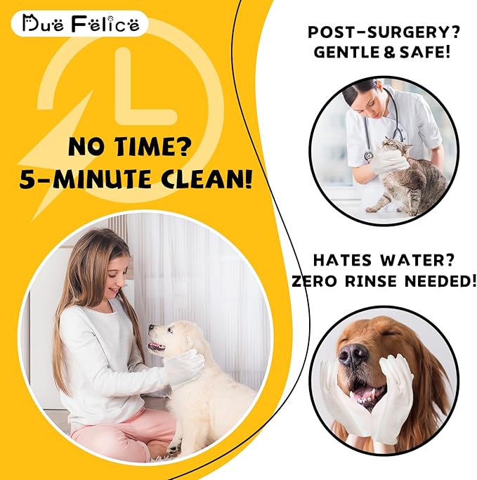 Pet Glove Wipes for Dogs Cats - Unscent Dog Washing Wipes & Waterless Cat Bathing Gloves Cleaning Deodorizing Grooming Wipe for Fur Paws Butt Face, Disposable Rinse Free Shampoo Mittens,30PCS