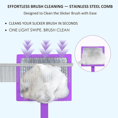 Dog Slicker Brush & Stainless Steel Comb Set for Shedding & Grooming Medium & Large Long or Thick Coated Dogs, Doodles & Cats, 1 Inch Pin Slicker Brush with Ergonomic Wooden Handle, Purple