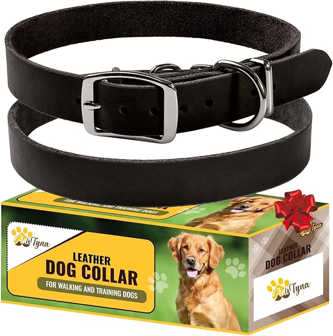 ADITYNA Black Leather Dog Collar for Small Dogs - Classic, Soft, Strong, Heavy Duty, Handmade Top-Grain Leather - for Walking, Training, and Hiking