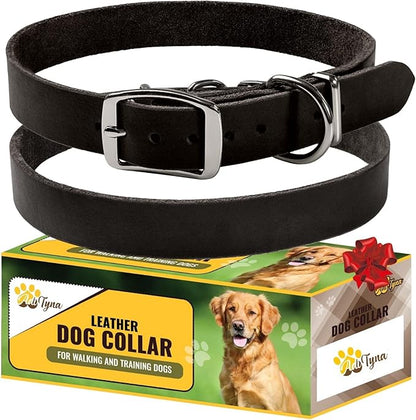 ADITYNA Black Leather Dog Collar for Small Dogs - Classic, Soft, Strong, Heavy Duty, Handmade Top-Grain Leather - for Walking, Training, and Hiking