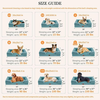 Comfort Expression Orthopedic Dog Bed for Large Dogs 38x25 Inch, Waterproof Supportive Egg Crate Foam Large Pet Bed with Removable Bolster, Dog Couch with Washable Cover & Non-Slip Bottom, Washed Blue