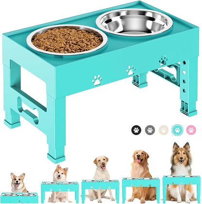 LAKIPETN Elevated Dog Bowls with 2 Stainless Steel Bowls, Raised Dog Food Bowl Stand 5 Height Adjustable (3.1", 9", 10", 11", 12") Non-Slip Feeder Set for Medium and Large Dogs - Turquoise