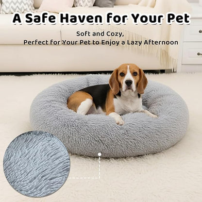 Large Donut Washable Dog Bed for Medium Dog,Round Soft Cat Cuddler for Calming, Anti-Anxiety Cozy Sofa, Fluffy Faux Fur Plush Cushion-31''-Grey