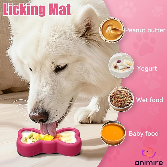 Lick Mat for Dogs, Animire Anti-Spilled Bow Tie Lick Bowls for Anxiety Relief, Silicone Slow Feeder Licking Pad with Suction Cups, Freezeable Dog Enrichment Toy for Boredom and Distraction(Rose,S)
