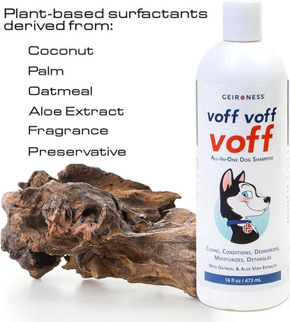 Voff Voff Voff All-in-One Dog Shampoo by Geir Ness – Natural Oatmeal & Aloe Formula with Coconut & Date Palm Extract – Cleans, Conditions, Moisturizes, Deodorizes & Detangles – 16 fl oz