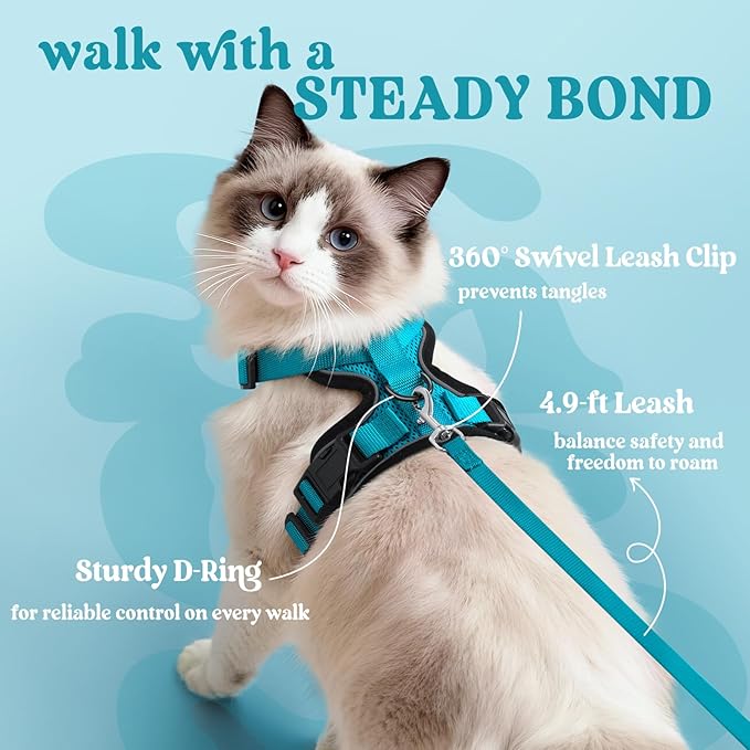 rabbitgoo Cat Harness and Leash for Walking, Escape Proof Soft Adjustable Vest Harnesses for Cats, Easy Control Breathable Reflective Strips Jacket, Teal, XS
