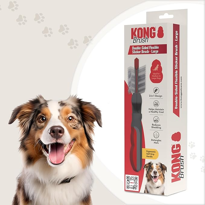 KONG Double-Sided Flexible Slicker Brush – De-Shedding & Detangling Tool, Padded Grip, Long Metal Pins, Flexible Head, for Medium to Large Dogs with Medium to Long Coats, Red/Gray