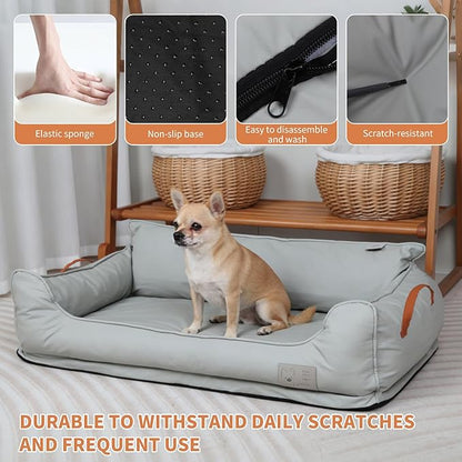 Removable Orthopedic Dog Beds for Large Dogs, Leather Memory Foam Dog Sofa Bed, Waterproof Durable Dogs Bed Couch with Non Skid Bottom for All Pet Sizes (Silver Gray, Large)