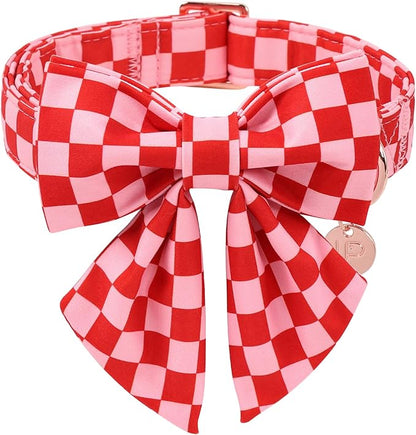 Red and Pink Plaid Dog Collarwith Bow Tie– Adjustable Red & Pink Checkered Dog Collar for Small Medium Large Dogs, Soft Xmas Plaid Puppy Collars with Quick Release Buckle M