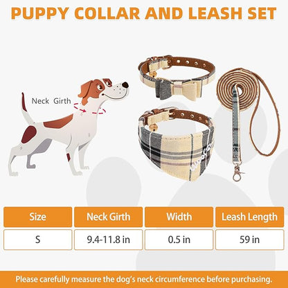 KOOLTAIL Small Dog Collar and Leash Set with Bowtie and Bells, Cute Embroidery Puppy Bandana Collar Collar and Leash with Classic Plaid Pattern,Soft Leather Tangle Free Leashes for Small Dogs,Boy Girl