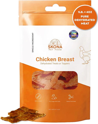 Skona PetFood Chicken Breast Jerky Dog Treats & Cat Jerky Treats, High Protein, Single-Ingredient Training Snacks, Grain-Free, USA Made, Rich in Taurine, Supports Digestion & Dental Health, 4oz