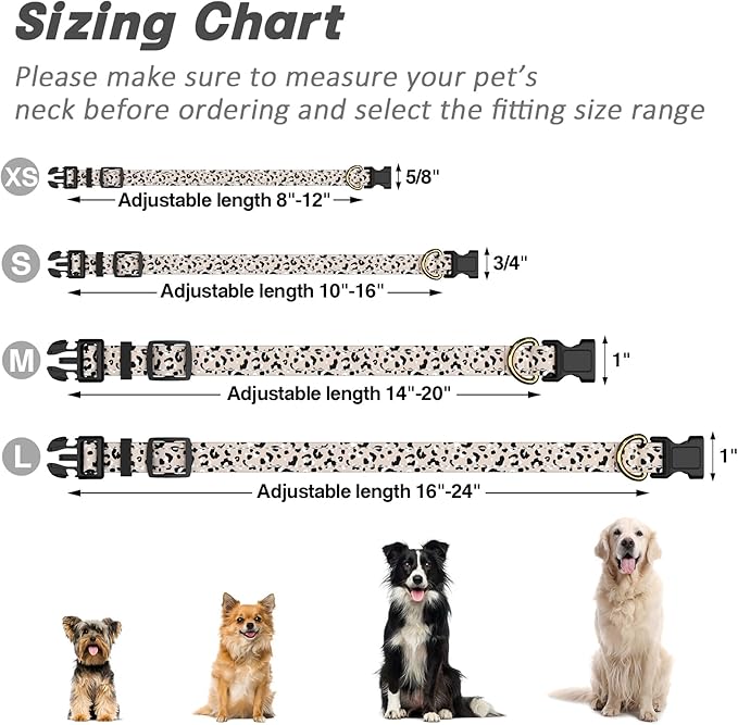 Reflective Dog Collar for Large Dogs, Cute Leopard Style Adjustable Heavy-Duty Nylon Puppy Collar for Boy and Girl Female, Soft Pet Accessories with Quick Release Buckle, Beige