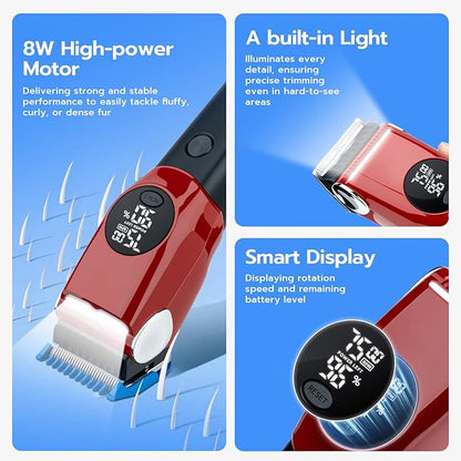 Mcbazel Dog Clippers Grooming Kit, Low Noise Rechargeable Cordless Adjustable Pet Hair Shaver Trimmers Set for Dogs, Cats and Other Pets - Red