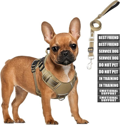 MOOGROU Tactical Dog Harness and Leash Set Small Sized Dog,Heavy Duty No Pull Service Dog Vest and 10 Patches with Dog Seat Belt,Reflective Adjustable Pet Harness for Training Walking Hiking Brown S
