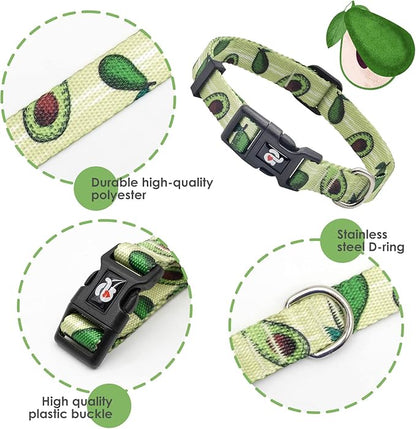 azuza Dog Collar and Leash Set, Fun Avocado Patterns on Nylon Collar and Matching Leash, Great Option for Large Dogs