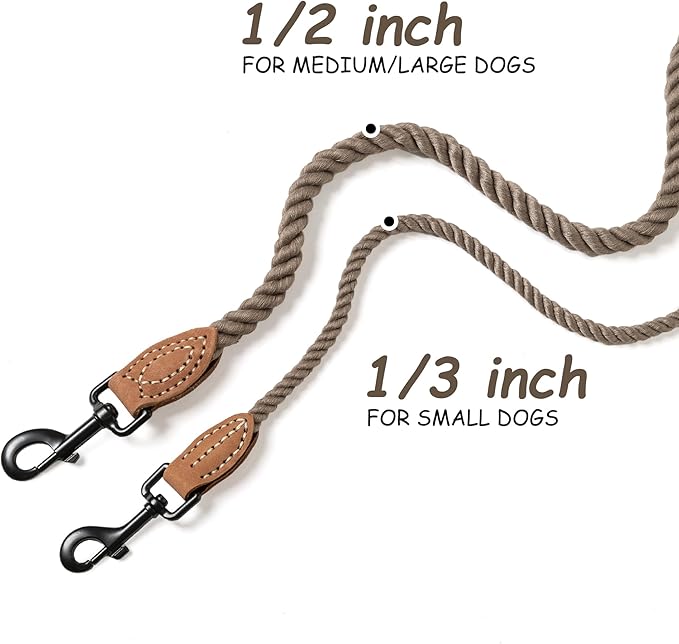 Mile High Life Dog Leash, Braided Cotton Rope Leashes with Leather Tip - Heavy Duty Metal Clasp, 6FT, 1/3" Thick - Wedding, Walking Leash for Small Medium Dogs(Camel)