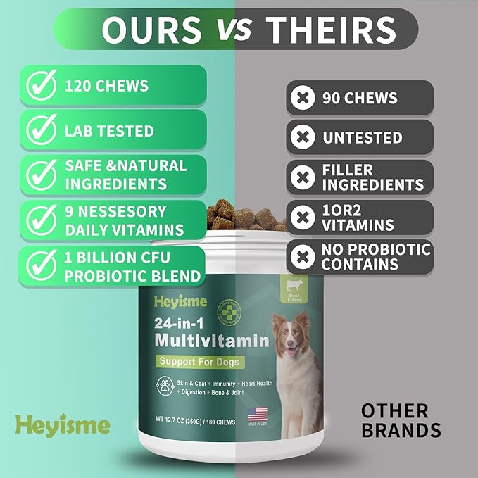 Dog Multivitamin, Glucosamine Chondroitin for Dogs, Dog Vitamins and Supplements, Probiotics, Krill Oil for Hip & Joints, Skin, Coat, Immune Health, Heart, Digestion (180 Chews, Beef)