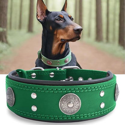 Leather Dog Collar, 2 inches Wide Heavy Duty Genuine Leather Collars, Handmade, Soft, and Luxury, Eye-catching Best Choice for Large and Medium Breed Dogs, Green 21-25 inches