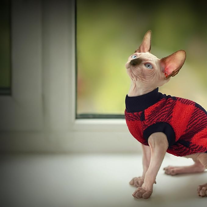 PUMYPOREITY Christmas Sweater for Cats, Winter Warm Cat Sweater - Super Soft & Elastic Knit with Plush Fleece, Easy-On Cozy Cat Outfit for Indoor/Outdoor,Red, L