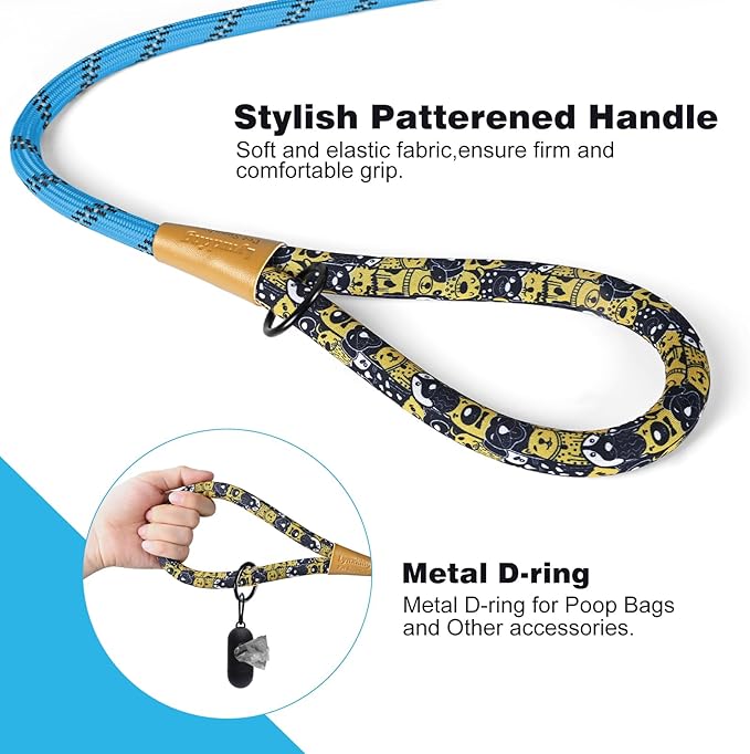 lynxking Rope Dog Leash 6 FT with Comfortable Padded Handle, Highly Reflective Threads Leash for Small Medium Large Dogs (Light Blue, 2PCS Large 1/2in x 6ft-Rope Clasp)