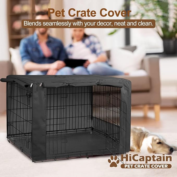 HiCaptain Breathable Dog Crate Cover 48 Inch, Durable Heavy Duty Kennel Cover, Dual Zippered Panels, Windproof Waterproof UV-Resistant(Black)