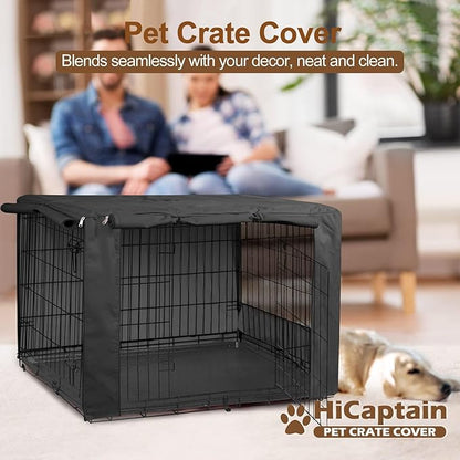 HiCaptain Breathable Dog Crate Cover 48 Inch, Durable Heavy Duty Kennel Cover, Dual Zippered Panels, Windproof Waterproof UV-Resistant(Black)