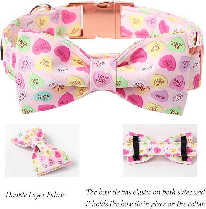 Lionet Paws Valentine's Pink Dog Collar, Cute Heart Dog Collar for Medium Dogs, Adjustable Cotton Pet Collars for Small Medium Dogs