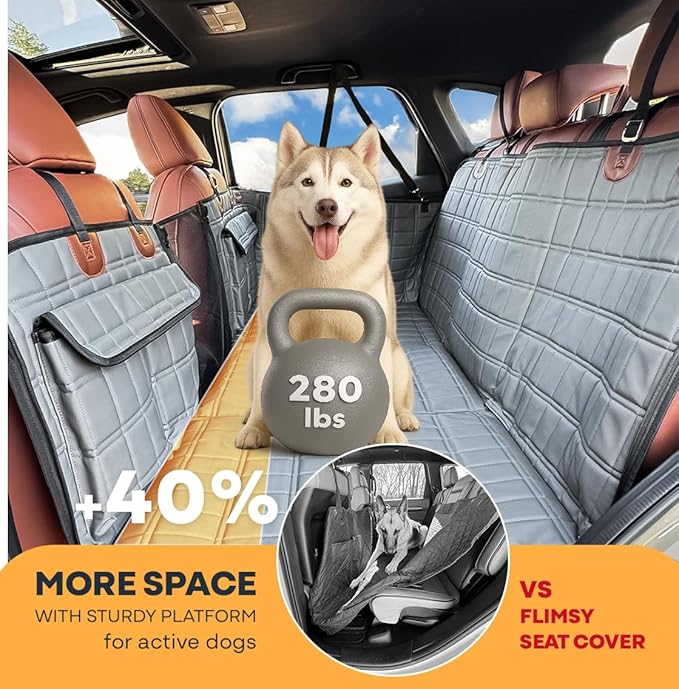 APetsPlanet Dog Car Seat Cover for Back Seat Hard Bottom - Waterproof Backseat Extender for Dogs - Pet Hammock Bed for Car, Truck, SUV with Mesh Window & Storage - Gray Leather, with Door Covers