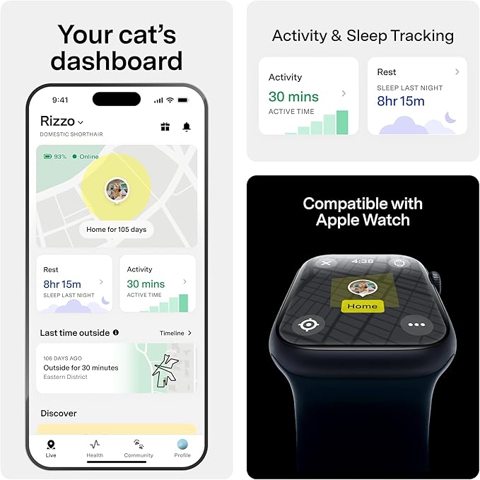 Fi Mini GPS Tracker for Cats — Lightweight Collar Attachment, Virtual Fences, Escape Alerts, Step & Health Tracking, Waterproof Cat Tracker — 12-Month Membership Included