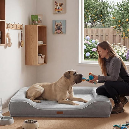 XXL Orthopedic Dog Couch Bed 48",Cooling Gel & Egg-Crate Memory Foam Dog Bed for Extra Large Dogs,Waterproof Removable Cover with High Resilience Bolster,Ideal for Senior Pets with Joint Pain,Grey