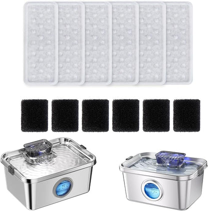 PETIMI Accessories Set (Replacement Filter & Water Pump Sponge) for Pet Water Fountain- 6 pcs Packed Filters and 6 pcs Packed Sponges, Fits PETIMI 2 Gallons and 3 Gallons Pet Fountain Series